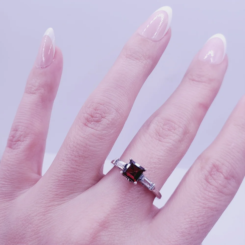 Genuine Red Princess Cut Garnet & White Topaz 925 Sterling Silver Ring